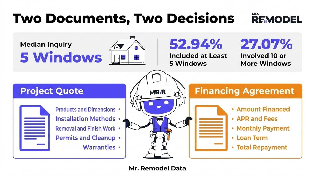 Separate checklists for comparing a window project quote and its financing agreement, alongside common multi-window inquiry sizes.